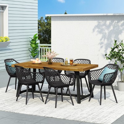 Acacia Wood and Black Resin 6-Person Outdoor Dining Set