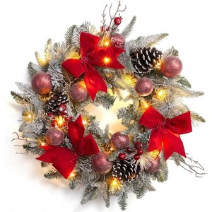GAOMON Christmas Wreaths for Front Door, 24" Xmas Wreath with 30 LED Lights Red Ribbon Snowy Branches Ball Ornaments Pine Cones - 1 of 4