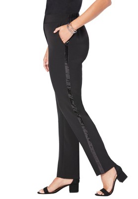 Women's Black, Flat Front, Tuxedo Pants with Satin Stripe