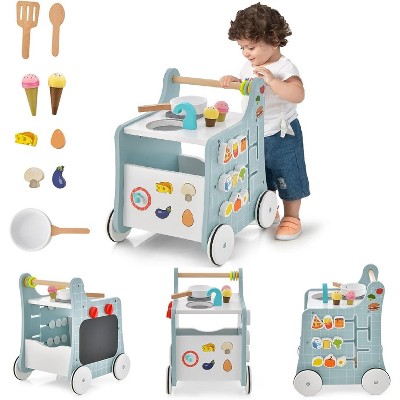 Costway 6-in-1 Baby Push Walker Wooden Strollers Learning Activity Center Toy with Kitchen