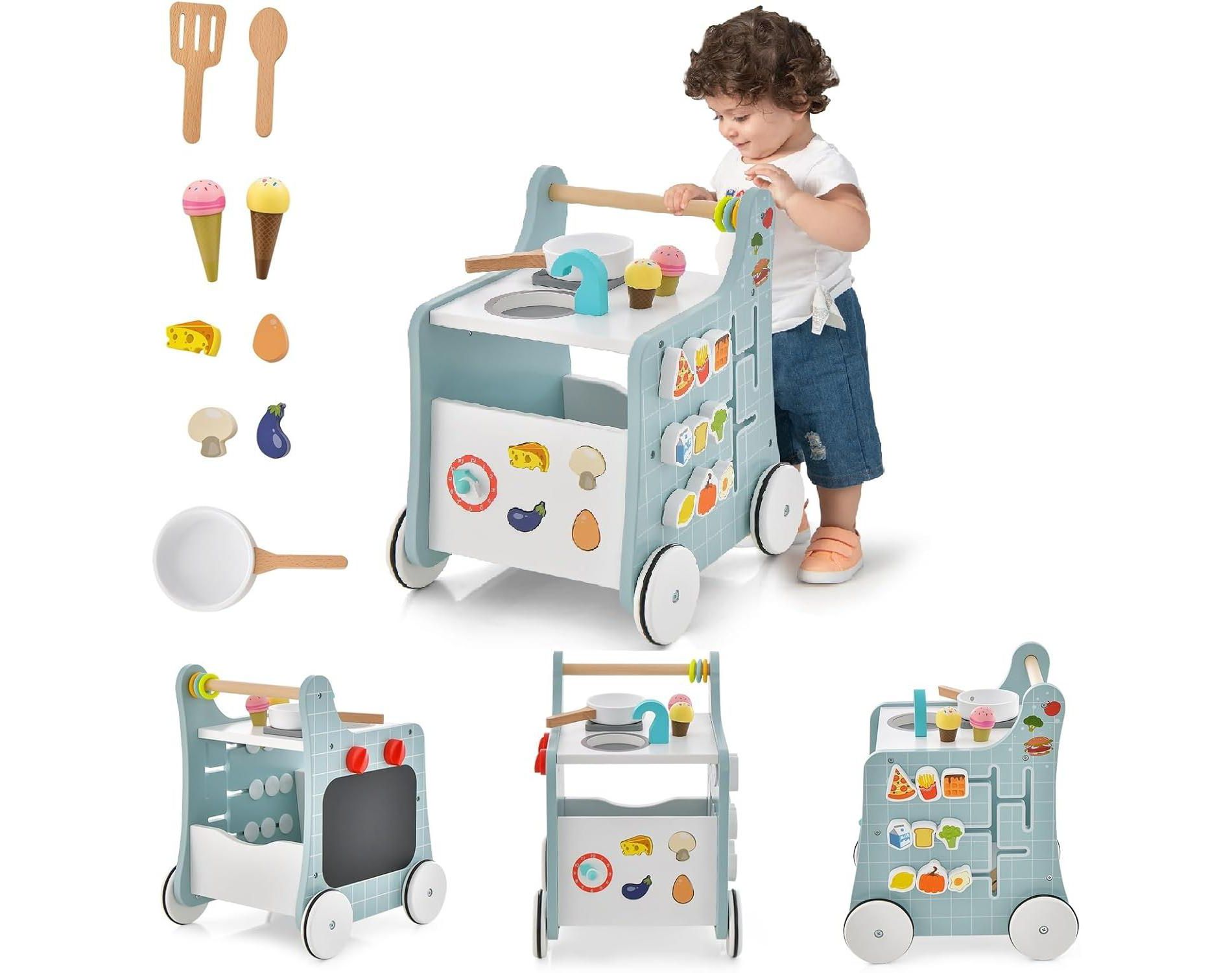 Costway 6-in-1 Baby Push Walker Wooden Strollers Learning Activity Center Toy with Kitchen