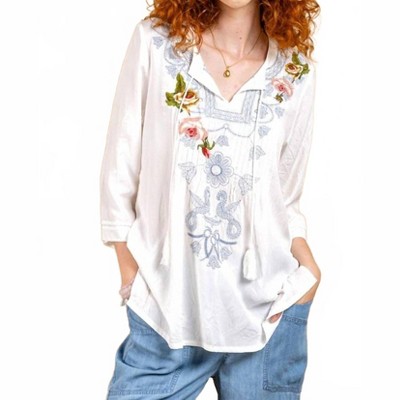 Women's Viscose Embroidered V-neck Pull-over Tunic Top - PAPARAZZI