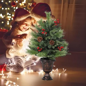 GOCAPTAIN Potted Christmas Tree, Artificial Christmas Tree with Warm LED Lights, Decorated with Pine Cones & Red Berries,Desktop Decor for Home Office - 1 of 4