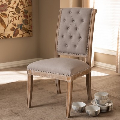 Beige Upholstered High Back Weathered Oak Side Chair