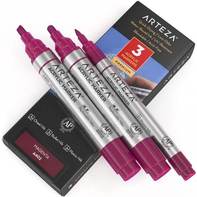 Arteza Acrylic Markers (A404 Magenta), 2 Big Barrel (chisel+bullet nib) + 1 Small Barrel, Single Color - 3 Pack (ARTZ-35