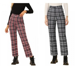 INSPIRE CHIC Women's Plaid Tartan High Waisted Button Casual Pants 2 Packs - 1 of 4