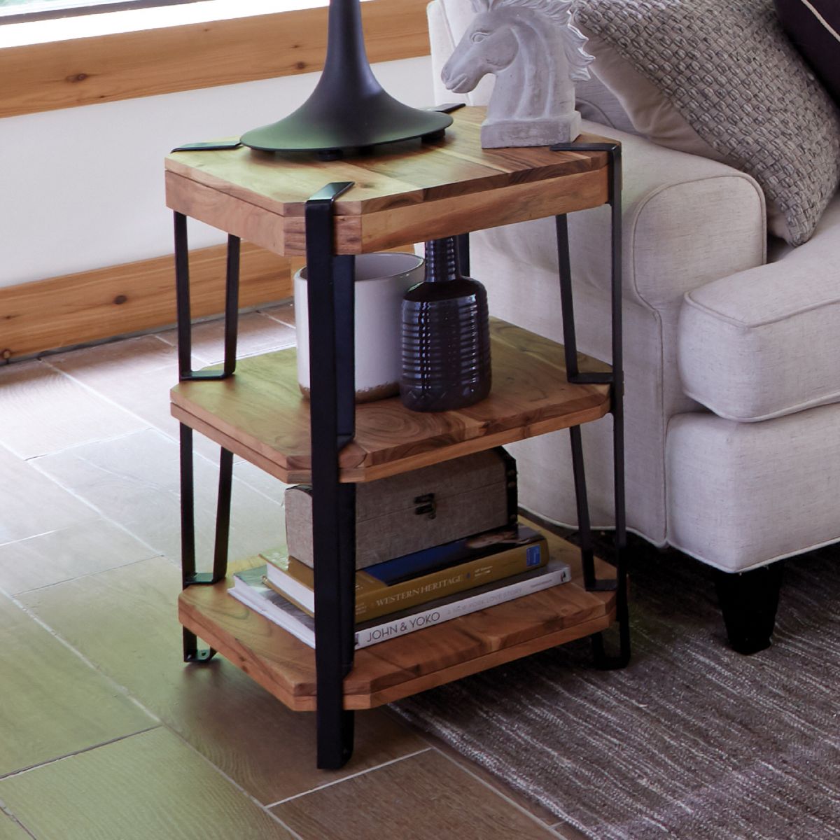 Alaterre Furniture 21" Ryegate Natural Brown Live Edge Solid Wood End Table: Metal Frame, Dual Shelves - thumbnail 3