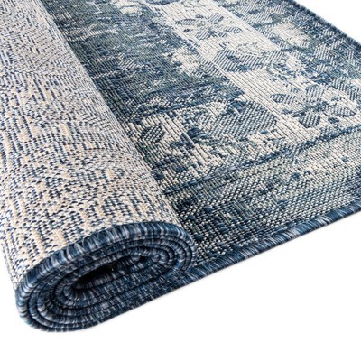Blue Rectangular Stain-Resistant Synthetic Outdoor Rug