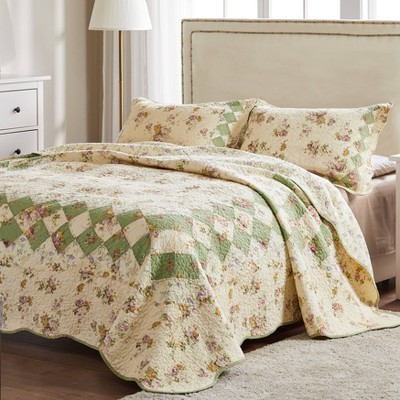 Ivory and Sage Floral Patchwork Cotton Quilt Set, Full