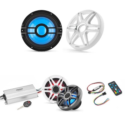 Clarion Marine 4 Channel Amp & Premium 6.5" w/ 10" White Grill Boat Audio Upgrade Bundle  ( Includes LED Remote )