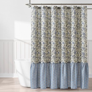 Lush Decor Lillian Block Print Linen Textured Shower Curtain Blue/Sage Single 72x72 - 1 of 4