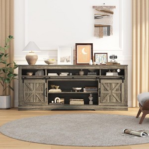 Farmhouse TV Console for 75" TV with Semi-Open Storage, Adjustable Shelf & Sliding Doors – 66" Media Cabinet for Living Room - 1 of 4