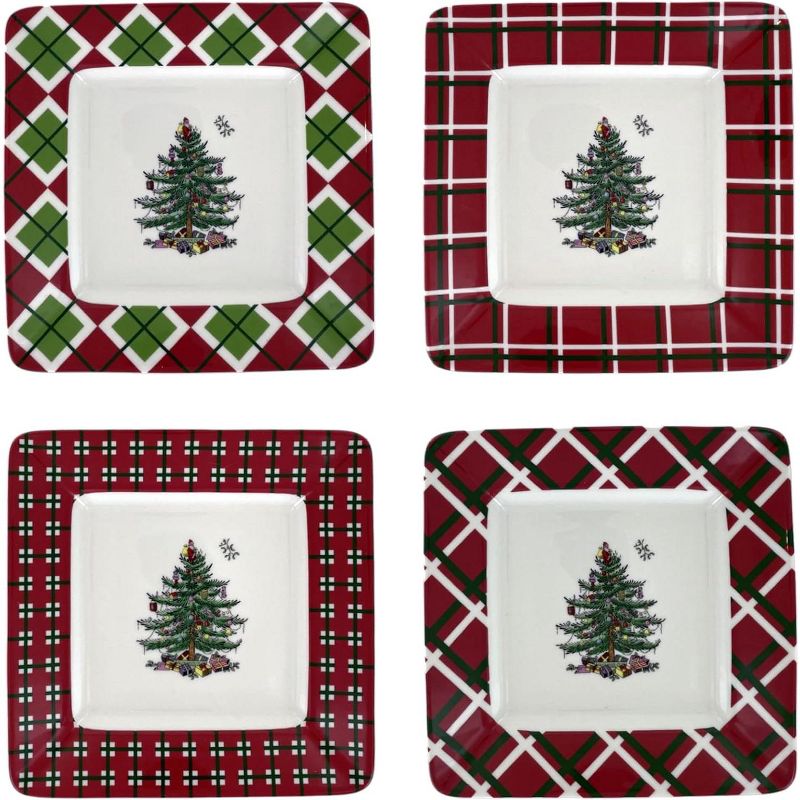 Spode Christmas Tree Tartan Square Canape Plate, Set of 4 Plates for Salad, Appetizers, Sweets and Desserts, 1 of 7