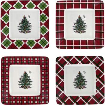 Spode Christmas Tree Tartan Square Canape Plate, Set of 4 Plates for Salad, Appetizers, Sweets and Desserts
