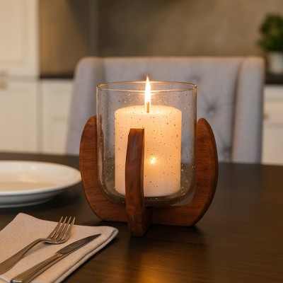 Mango Wood & Glass Pillar Candle Holder - Rustic Handcrafted Decorative Lantern for Home, Office & Living Room - 7" Brown