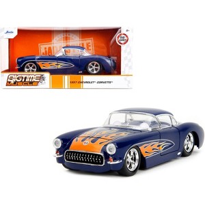 1957 Chevrolet Corvette Dark Blue with Flame Graphics and White Interior "Bigtime Muscle" Series 1/24 Diecast Model Car by Jada - 1 of 4