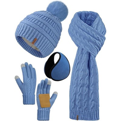 ZUPPAD 4-in-1 Women Winter Beanie Hat Scarf Touchscreen Gloves Ear Warmer Set Fleece Lined Warm Knit Skull Cap with Pom Pom