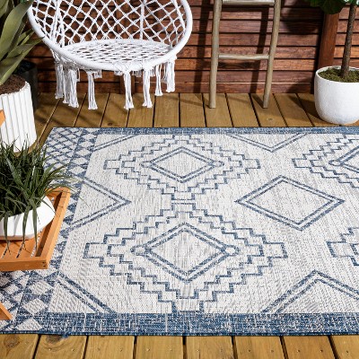 Ivory/Blue Synthetic Medallion Rectangular Easy-Care Rug