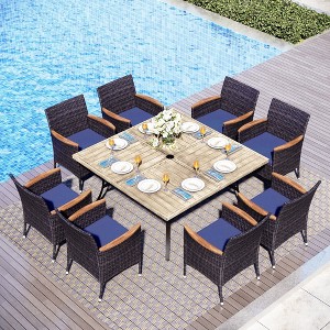 Captiva Designs 9pc Spacious Slat-top Square Metal Table with Umbrella Hole & Armrest Rattan Chairs with Cushions - 1 of 4