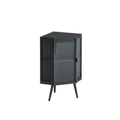 OUTSUPPLY Modern Floor Corner Cabinet with Glass Door, Iron Frame & Storage Shelves for Bathroom, Living Room, Bedroom