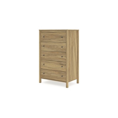 Light Brown 5-Drawer Tall Dresser with Dark Bronze Knobs