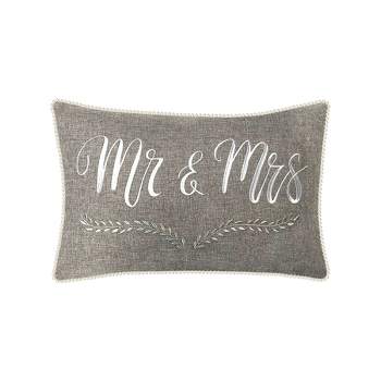 14"x21" Oversize 'Mr & Mrs' with Pearl Trim Lumbar Throw Pillow Gray - Edie@Home