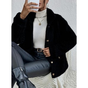 Women's Long Plush Coat Lapel Collar Button Down Long Sleeve Jacket with Pockets - 1 of 4