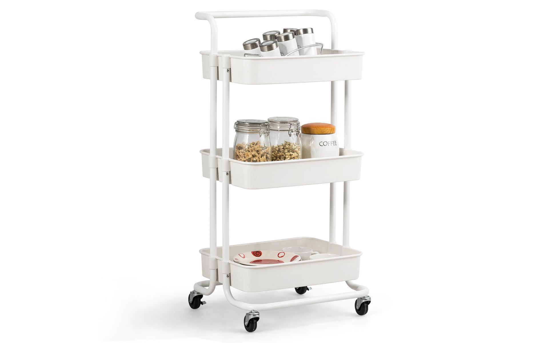 3 Tier Rolling Cart W/Wheels Practical Handle&ABS Storage Basket Organizer White