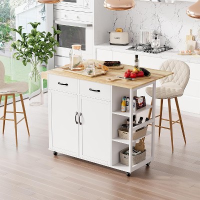 43" Rolling Kitchen Island Cart with Drop Leaf, Storage Cabinet