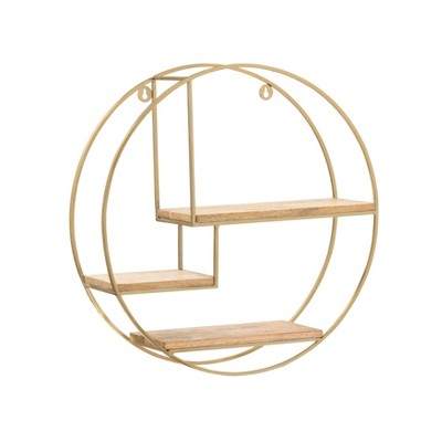MH London Lemar 19.5" Solid Wood and Metal Floating Wall Mounted Shelf in Gold and Natural