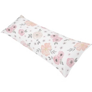 Sweet Jojo Designs Girl Body Pillow Cover (Pillow Not Included) 54in.x20in. Watercolor Floral Pink and Grey - 1 of 4