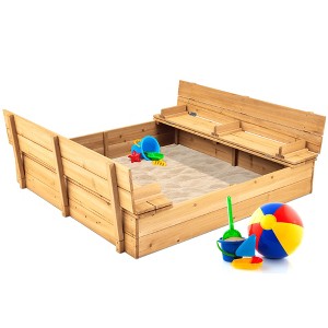 Best Choice Products 47x47-Inch Kids Wooden Outdoor Sandbox w/ 2 Foldable Bench Seats, Sand Protection, Liner - 1 of 4