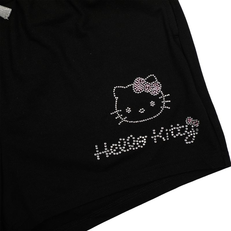 Hello Kitty Rhinestone Face Outline Art Women's Black Sweat Shorts, 3 of 5