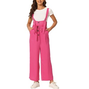 Allegra K Women's High Waist Wide Leg Belted Button Long Overalls Jumpsuit - 1 of 4