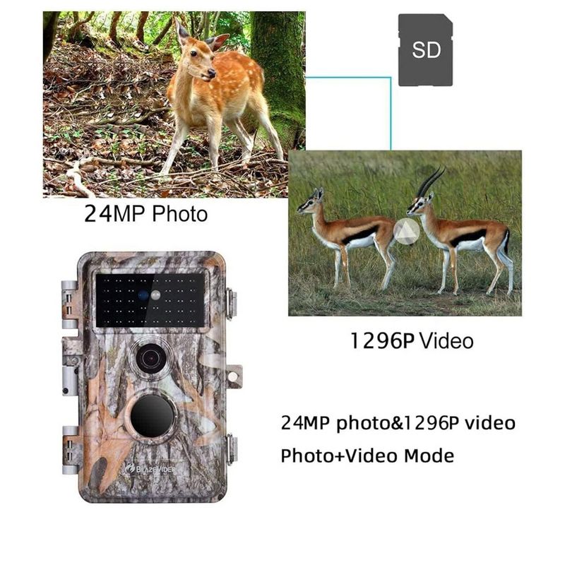 BlazeVideo 2-Pack 24MP 1296P H.264 Waterproof Photo and Video Game and Trail Cameras with MP4 Video, No Glow, Night Vision, Time Lapse, 3 of 8