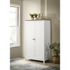 Vynxaria 35" White Storage Cabinet with Oak Accents and Slatted Panel Design - 2 of 4