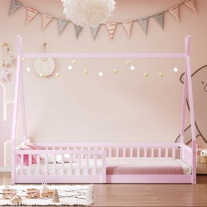 AENKYO Twin Size Wood House Bed, Playful Kids Bed with Safety Fence, Enchanted Cottage Style Bedroom Furniture - 1 of 4