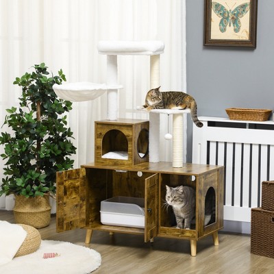 Rustic Brown Wooden Cat Tree with Litter Box Enclosure and Sisal Posts