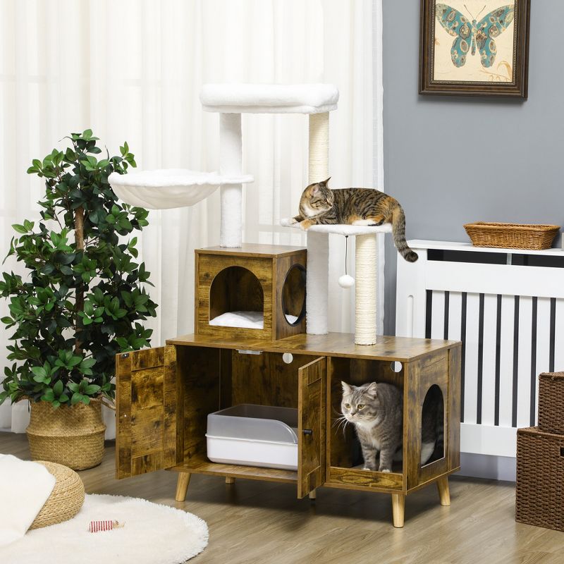 PawHut 54.25" Wooden Cat Tree with Litter Box Enclosure, Cushioned Cat Condo & Plush Platforms with Hammock, Tower & Pet Furniture, Rustic Brown, 3 of 8