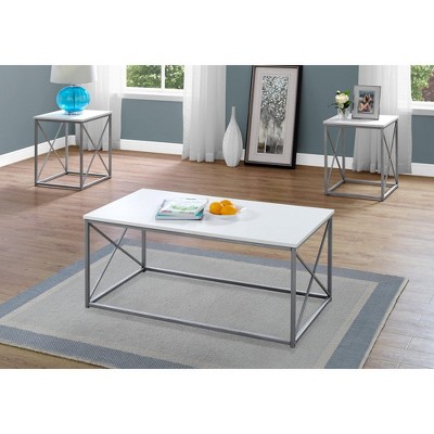 Monarch Specialties Table Set 3Pcs Set Coffee End Side Accent Living Room Metal Laminate White Grey Contemporary Modern
