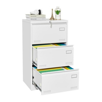 Runesay White Filing Cabinet Lateral File Cabinet 3 Drawer with Lock