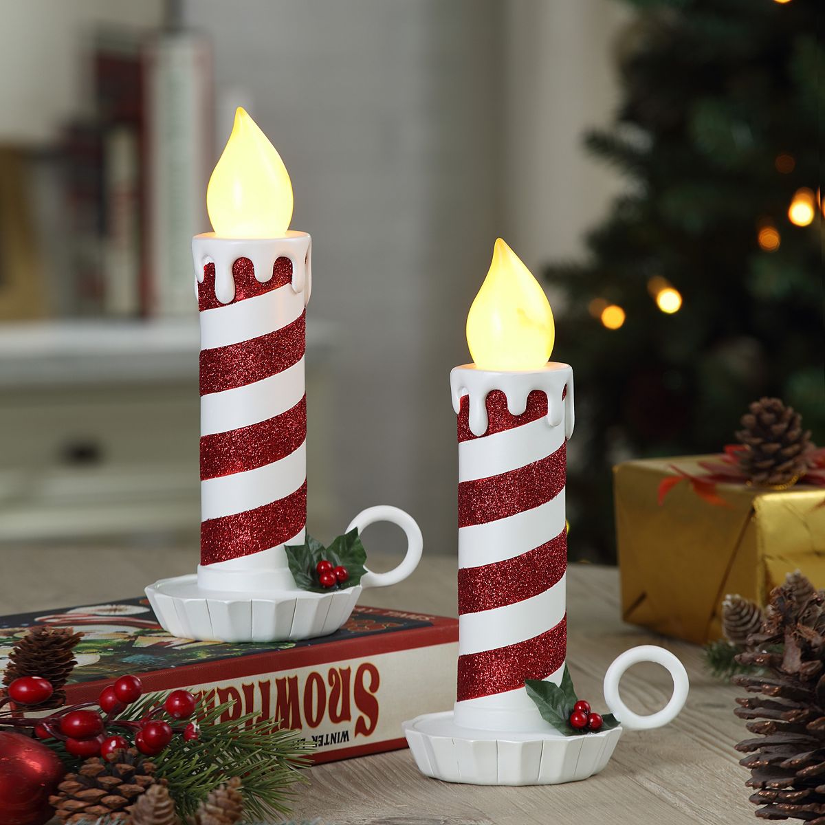 Mr. Christmas 9.5" Set of 2 Flickering LED Resin Glittery Striped Candles - Gold & Silver - thumbnail 5