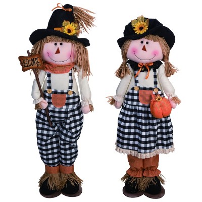 Transpac Fabric 46 in. Multicolor Harvest Plush Buffalo Check Scarecrow Set of 2