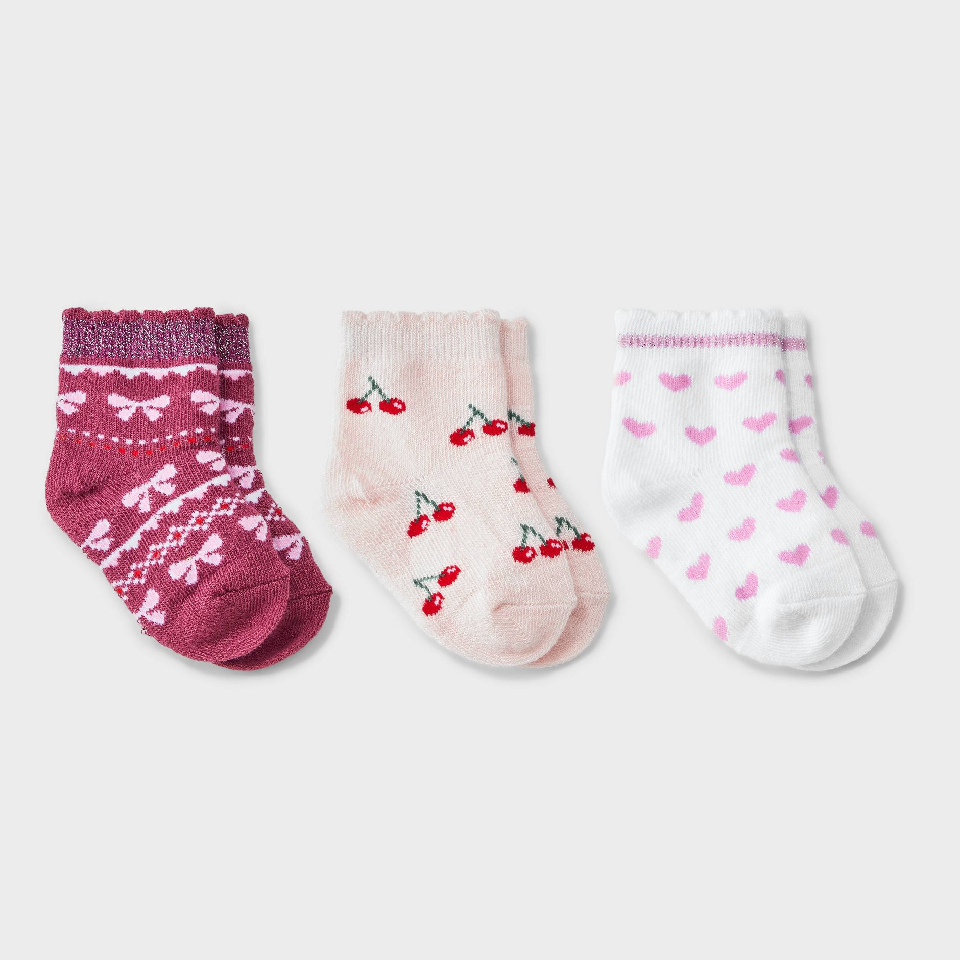 Toddler Girls' 3pk Hearts Cherries and Bows Ankle Socks - Cat & Jack™
