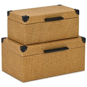 HomeRoots Set of Two Brown And Black Faux Rattan Nesting Storage Boxes With Lids - 1 of 4