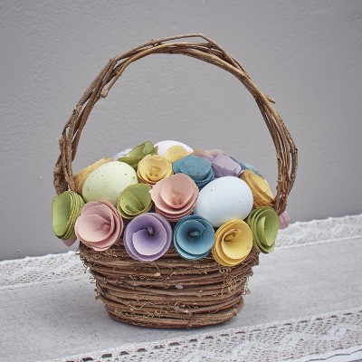 Lakeside Wood Curl Easter Basket with Artificial Flowers, Wood Eggs for Decoration