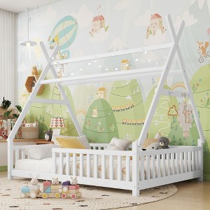TIRAMISUBEST Twin/Full Size Kids House Bed Frame with Fence and Roof, Platform Bed with LED Light & Hanging Hooks - 1 of 4