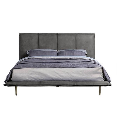 Metis Gray Top Grain Leather Upholstered Queen Bed with Metal Legs