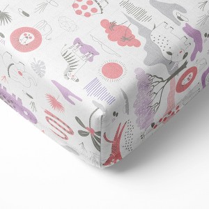 Bacati - Jungle Safari Print Lilac/Coral 100 percent Cotton Muslin Universal Baby US Standard Crib or Toddler Bed Fitted Sheet - 1 of 4
