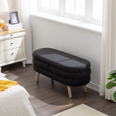 Velvet Fabric Storage Bench Bedroom Bench With Wood Legs For Living Room Bedroom Indoor,Ivory